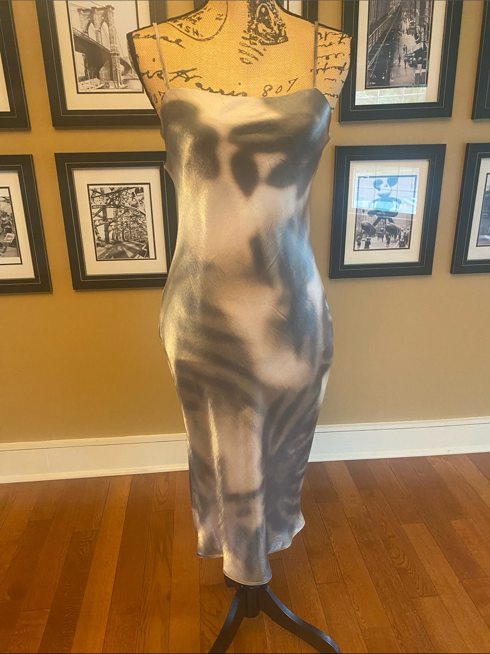 Reserved Satin Slip Maxi Dress w\ Blurred Monochrome Graphic Print. NWOT. Medium